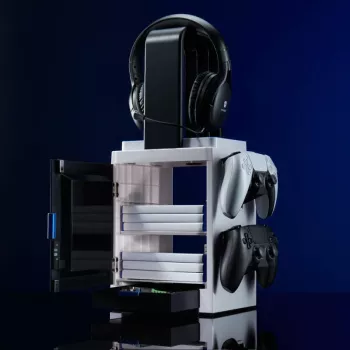 Numskull Games PS5 iedvesmots spēļu skapis, diskešu turētājs spēlēm, PlayStation 5, pelēks, vadu, 1 gab.