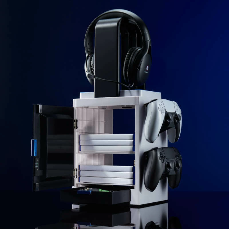 Numskull Games PS5 iedvesmots spēļu skapis, diskešu turētājs spēlēm, PlayStation 5, pelēks, vadu, 1 gab.