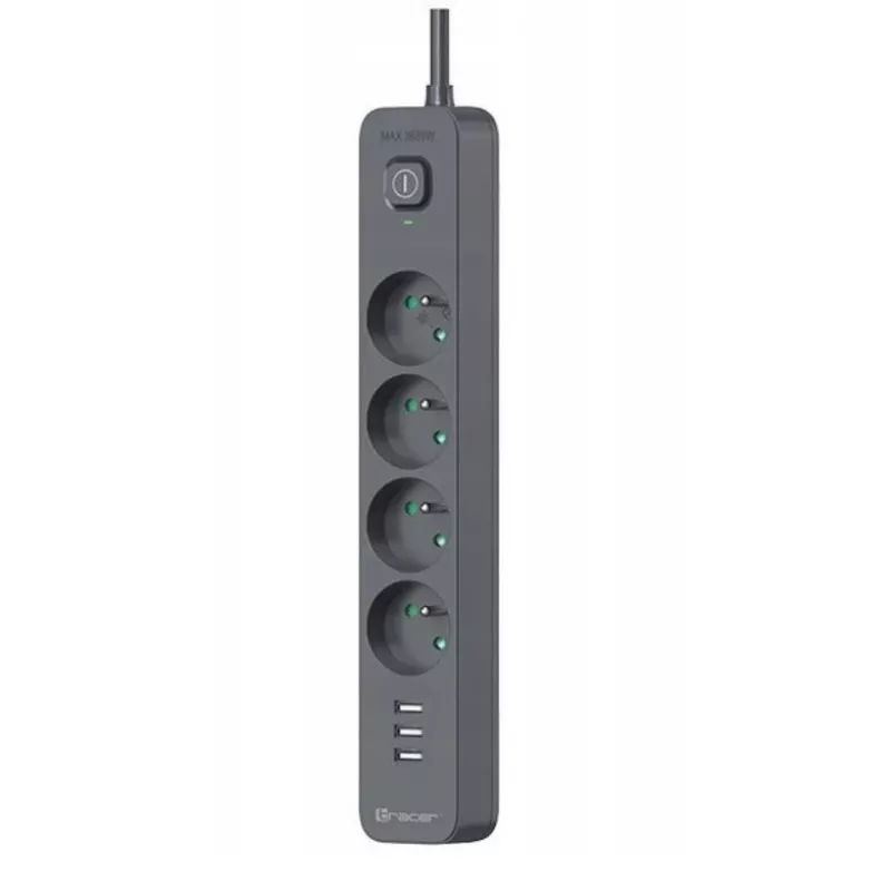 TRACER Power Line+ mobilais pārsprieguma aizsargs ar pagarinātāju 1,5 m (4 kontaktligzdas + 3x USB A, 5V 2,4A)