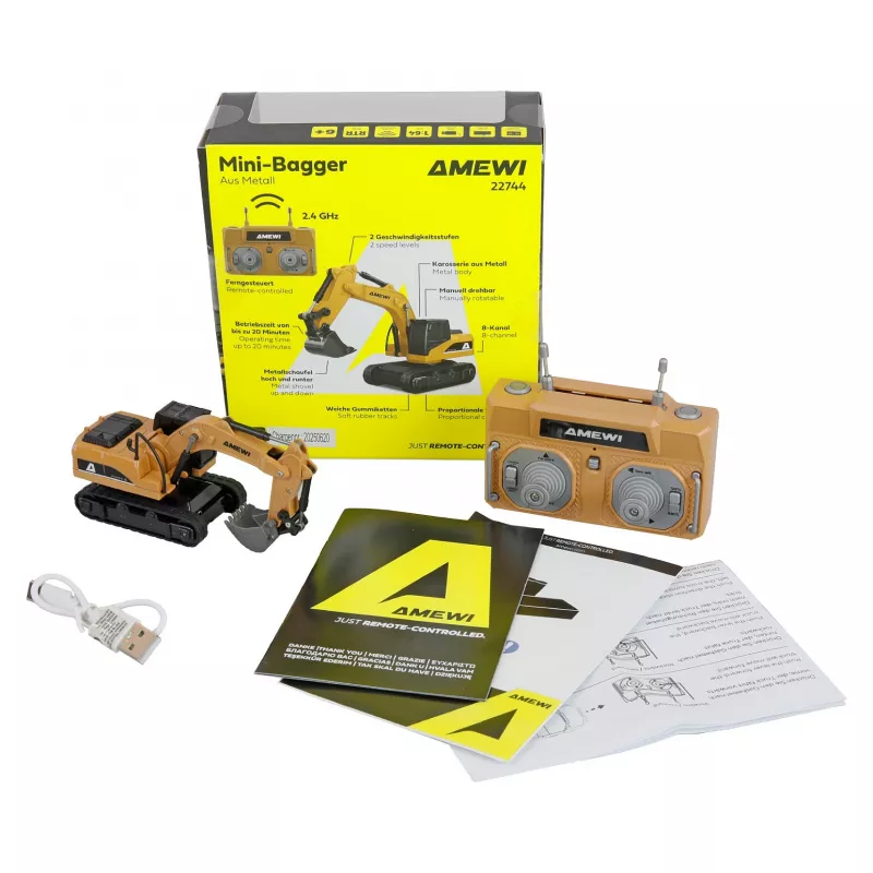 RC ekskavatora modelis Amewi 22744, mērogs 1:64, elektromotors, LiPo 200 mAh, vecumam no 6 gadiem