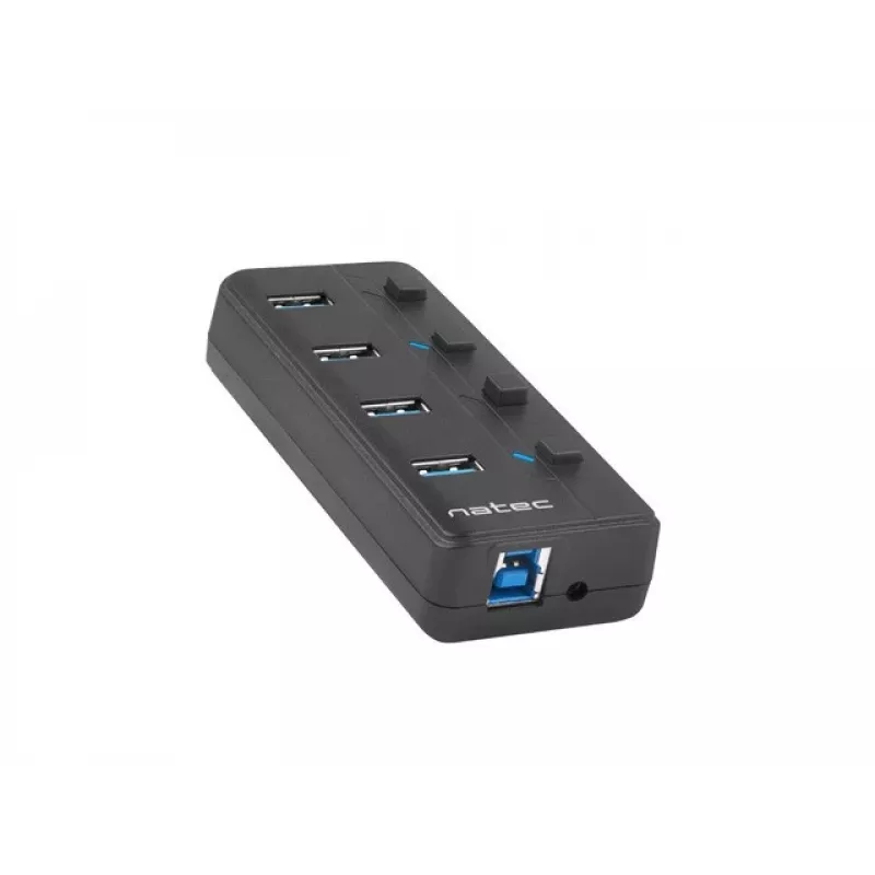 USB centrmezgls NATEC MANTIS USB 2.0 Type-B — 4x USB 3.2 Gen 1 Type-A porti, melns, 0,8 m kabelis, maiņstrāvas adapteris, barošanas slēdzis