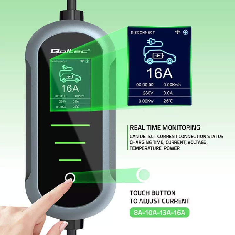 Elektromobiļu lādētājs QOLTEC Mobile EV 2in1 Type2 11 kW 400 V Wi‑Fi TUYA SMART LIFE LCD pārnēsājama sienas kārba 5 m kabelis
