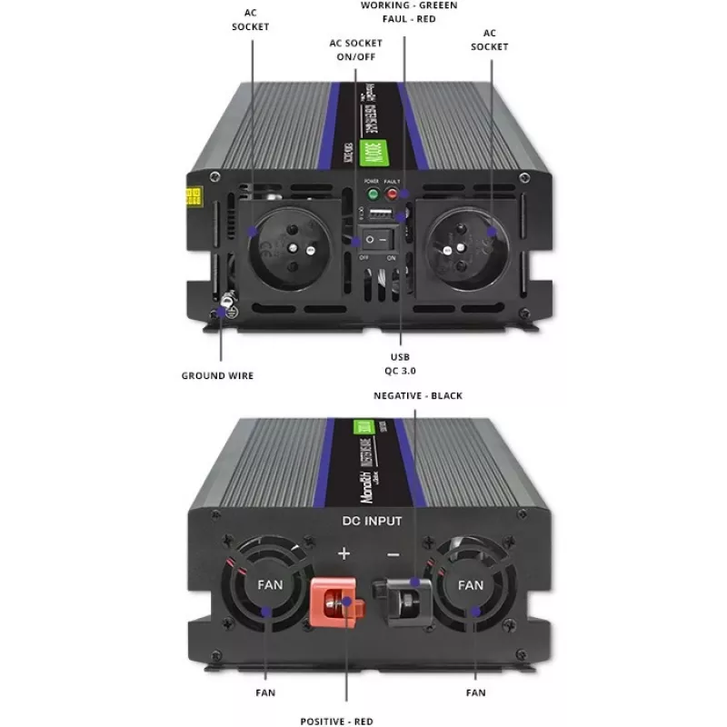 Jaudas pārveidotājs QOLTEC Monolith 3000 MS Wave, 12V→230V, 1500/3000W, ar USB