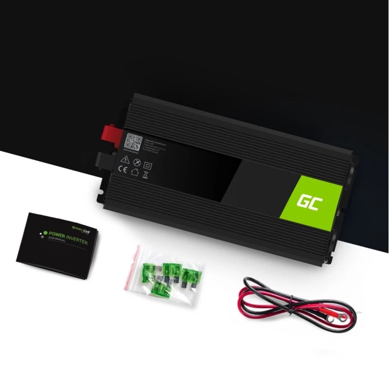 Invertera strāvas adapteris zaļa Cell INV25, 1500 W, 12 V līdzstrāva uz 230 V maiņstrāvu, 50 Hz, 1× USB, melns