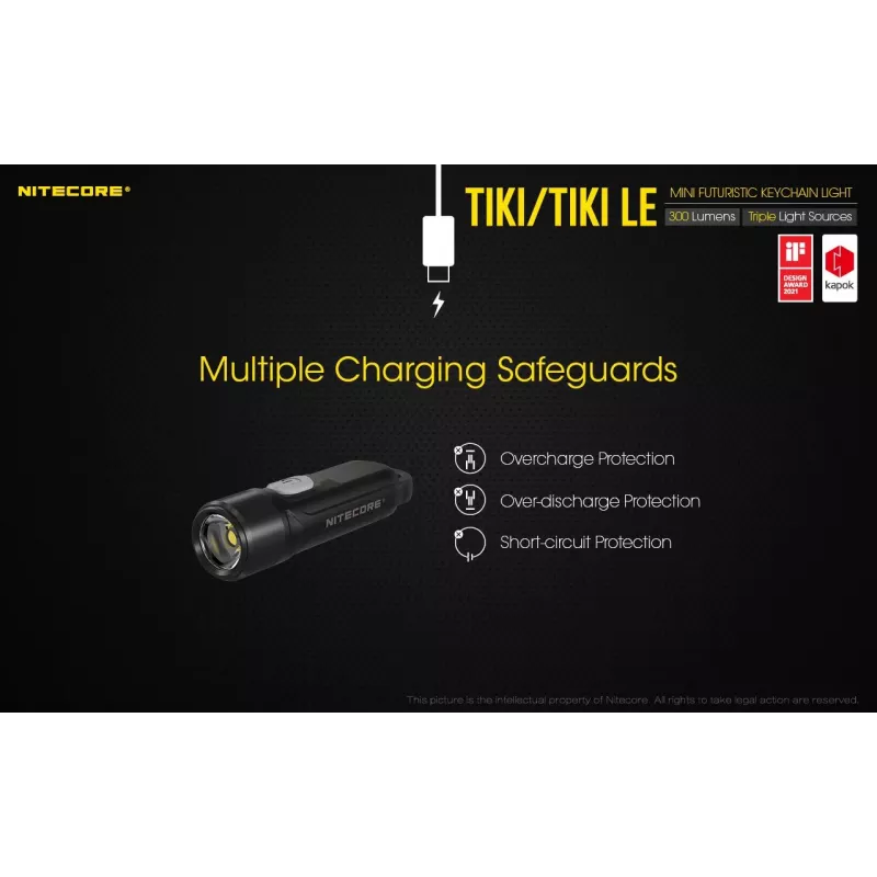 Rokas lukturītis Nitecore TIKI LE — 300 lm, uzlādējams ar USB, polikarbonāts, IP66, triecienizturīgs, 10,5 g, 55 mm, Melns