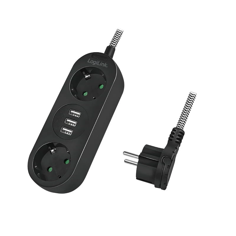 Power Extension LogiLink LPS262U 1.5m 2 AC Outlets Indoor Melns