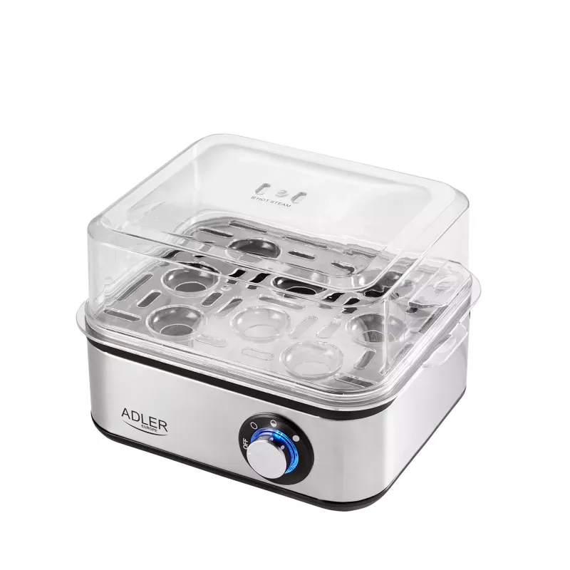 Olu vārāmais katls Adler AD 4486 — ietilpība 8 olām, 800 W, melns, matēta tērauda ar caurspīdīgu vāku