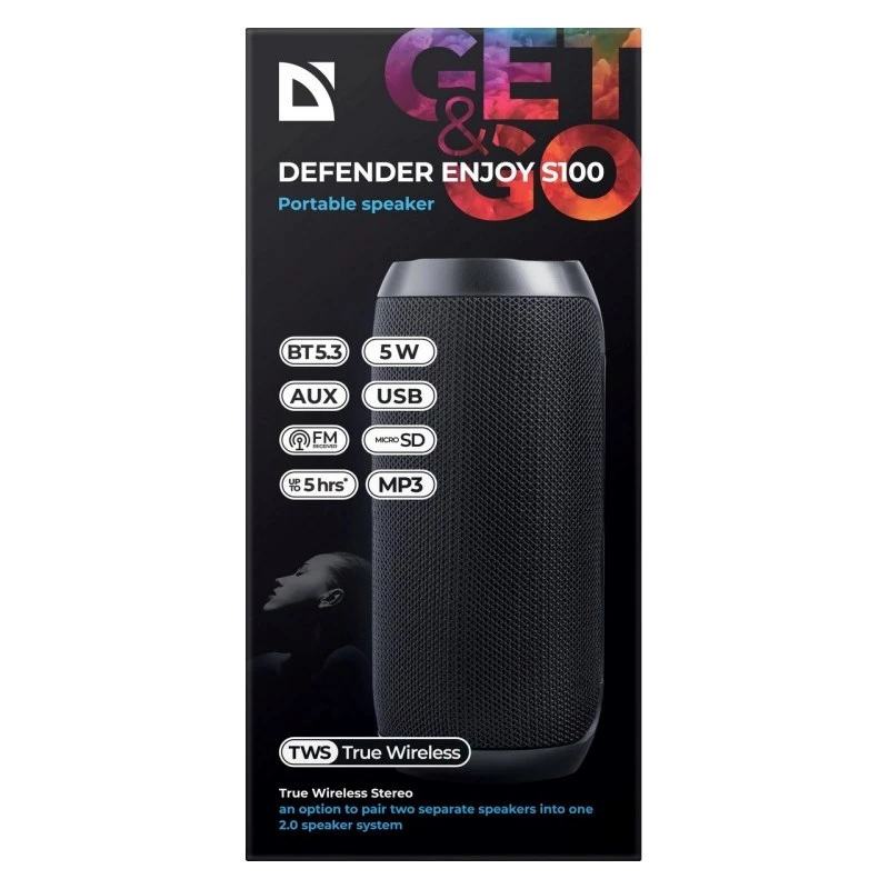 Pārnēsājams Bluetooth skaļrunis DEFENDER ENJOY S100 — 10W, Bluetooth 5.3, 5h akumulators, LED apgaismojums, iebūvēts mikrofons