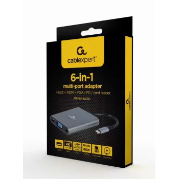 Gembird A-CM-COMBO6-01 USB-C 6-in-1 daudzportu adapteris, USB 3.1 Gen 1, HDMI 4K, VGA, PD 60 W, SD/microSD karšu lasītājs, 3,5 mm audio, pelēks