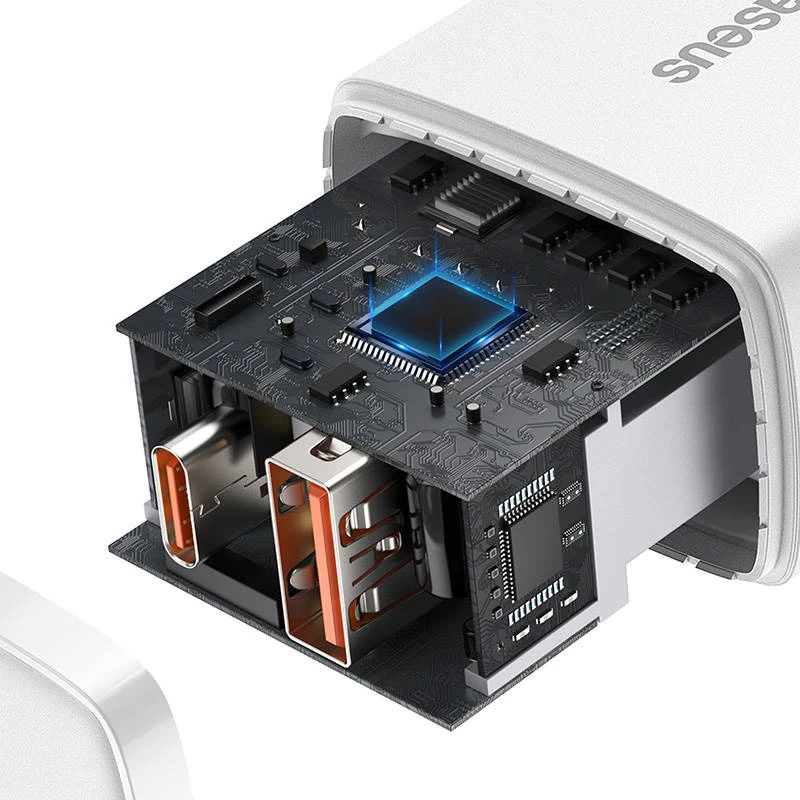 Sienas lādētājs Baseus Compact 1x USB-A + 1x USB-C 3A, kompakts ceļojuma adapteris