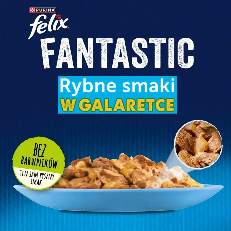 Mitrā kaķu barība Purina Nestlé FELIX Fantastic zivju garšas — tuncis, lasis, menca, plekste, 12×85 g paciņas