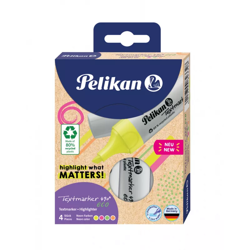 Marker Pelikan Textmarker 490 eco 4 gab. slīps uzgalis zaļš oranžs rozā dzeltens