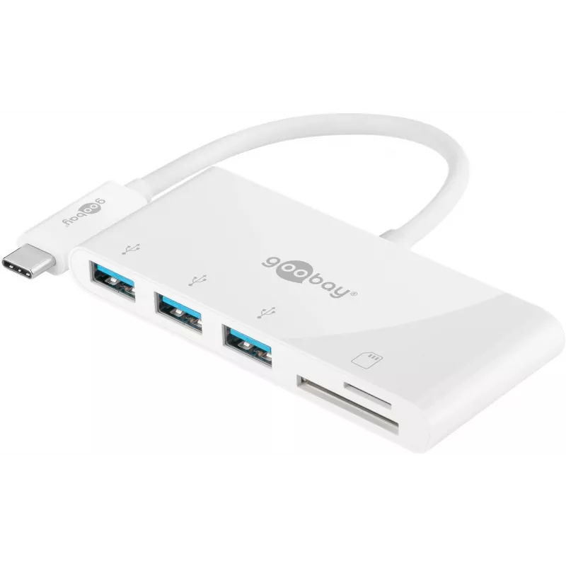 Goobay USB-C™ Multiport Adapter Card Reader, balta, 0,15 m - paplašina USB-C™ ierīci ar trim USB 3.0 portiem, kā arī karšu slotu SD/MMC un Micro SD kartēm (62097)
