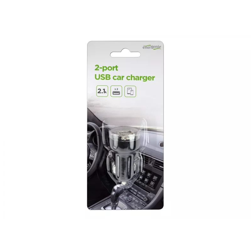 Auto lādētājs Gembird EG-U2C2A-CAR-02, 12–24 V ieeja, 5 V/2,1 A izeja, 2 × USB 2.0, melns