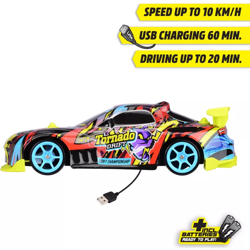Ar vadību vadāma automašīna Dickie Tornado Drift RTR 2.4 GHz — gatava braukšanai drift automašīna