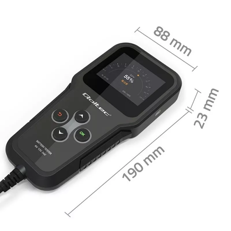 Qoltec 52489 Digitālais akumulatora analizators testētājs 3-in-1 ar LCD un daudzvalodu atbalstu 6V | 12V | 24V | 30Ah-200Ah
