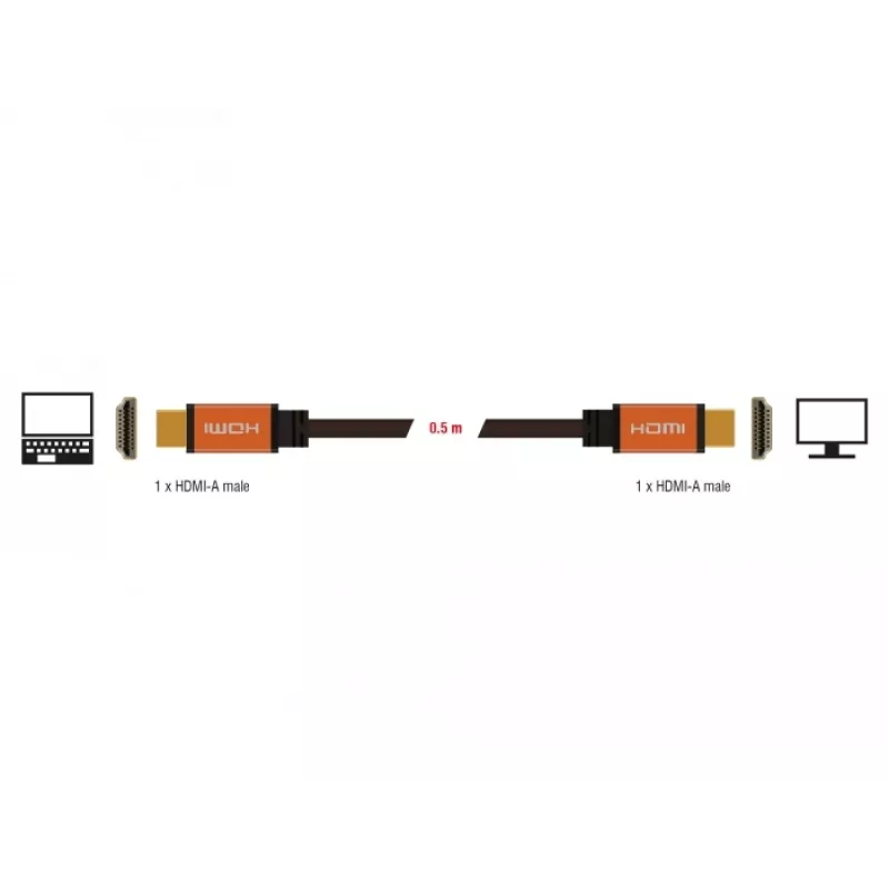 DeLOCK - HDMI kabelis - HDMI (M) uz HDMI (M) - 50 cm - Trīskārša izolācija - Melns, Zelts - 8K atbalsts