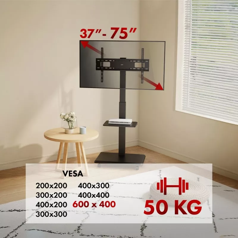 TV statīvs ergo office ER-304 B, maksimālā slodze 50 kg, VESA 600x400