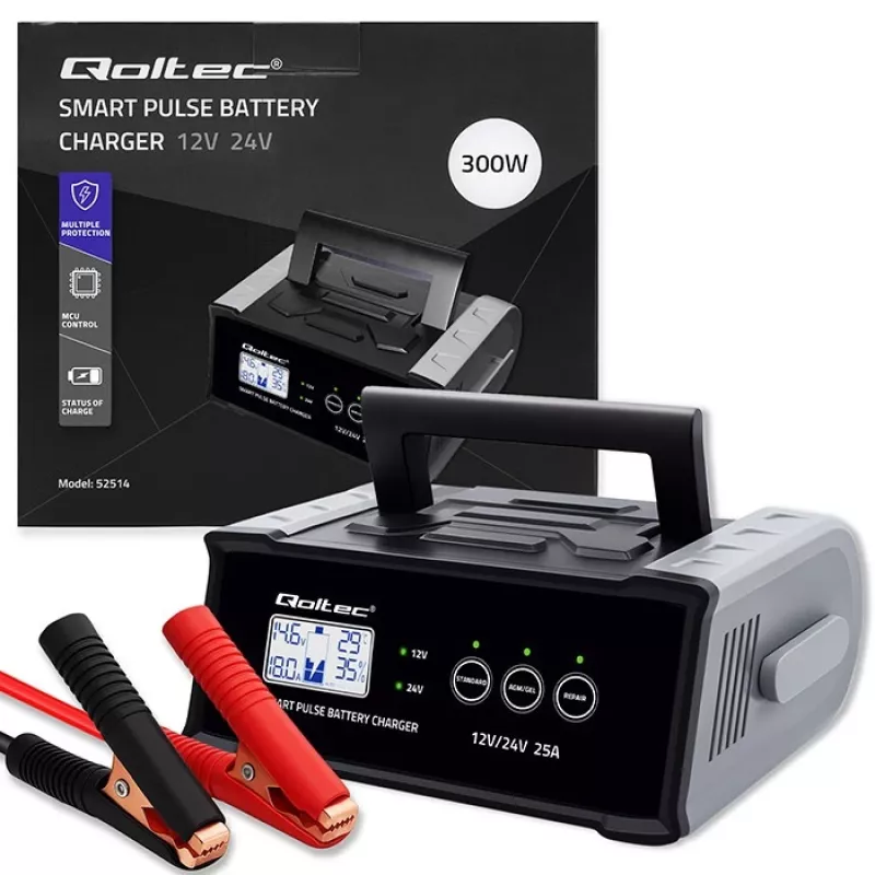 Baterijas lādētājs QOLTEC 52514 — 12V/24V, 25A, AGM/GEL/SLA baterijām ar LCD displeju