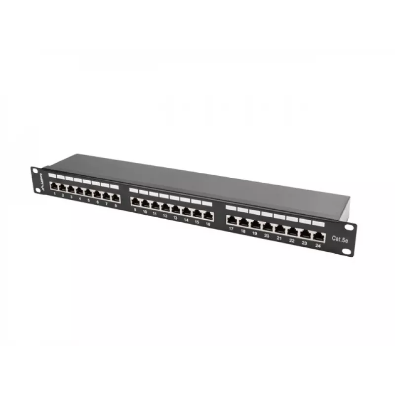 Plāksteru panelis 1U LANBERG PPS5-1024-B — 24 portu RJ-45 Cat5, metāla, melns, montāža statīvā