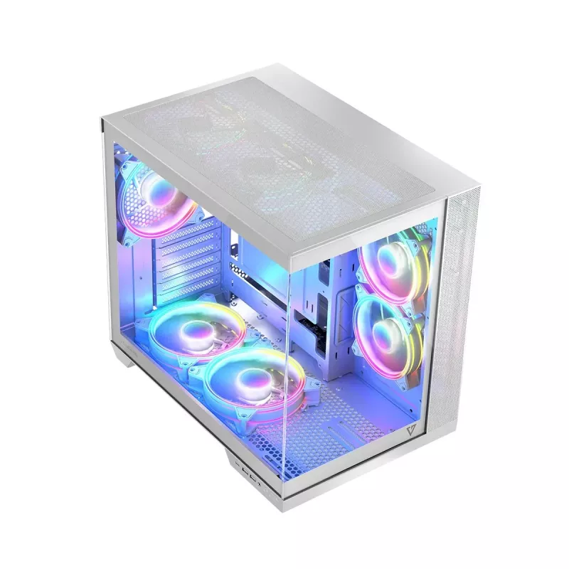 PC korpuss MODECOM Volcano Panorama Midi Tower balts — micro ATX, rūdīts stikls, ARGB, USB-C, atbalsta GPU 400 mm