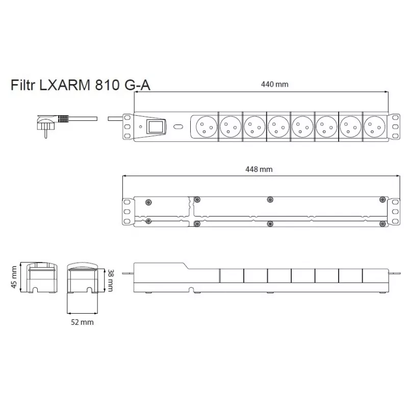 LESTAR LXARM 810 G-A K.:CZ 1,5M 19PDU Melns 8 maiņstrāvas kontaktligzdas 230 V 1,5 m