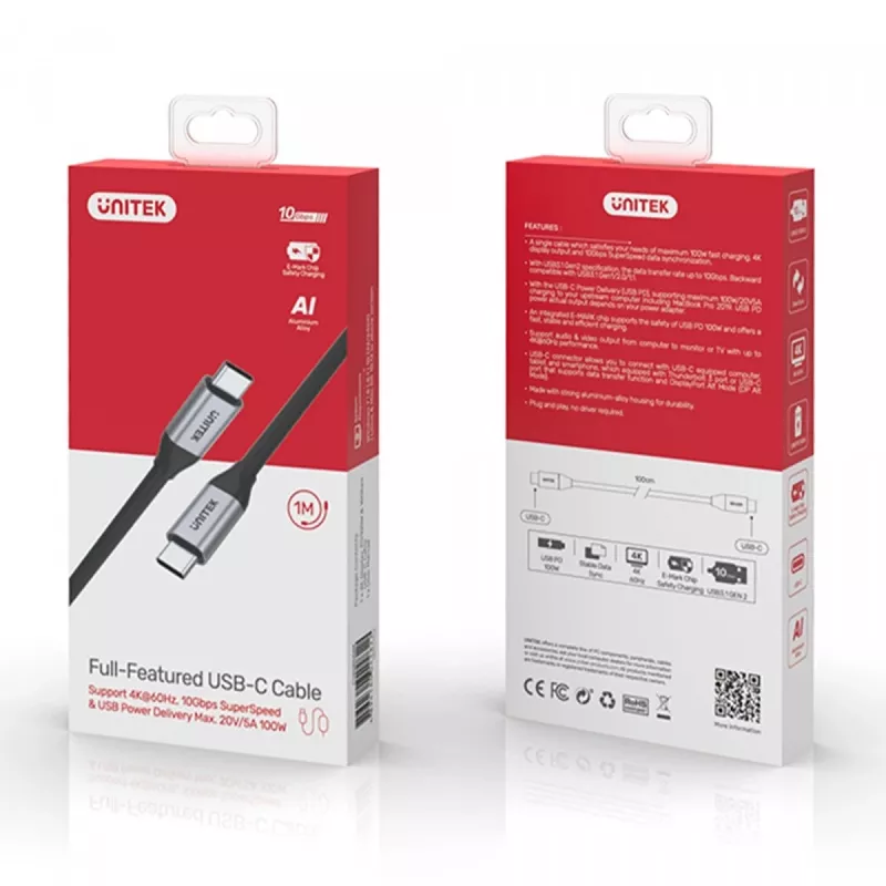 USB C uz C datu un uzlādes kabelis Unitek C14082ABK 1 m, USB 3.2 Gen 2 (10 Gbit/s), 100 W PD, melns