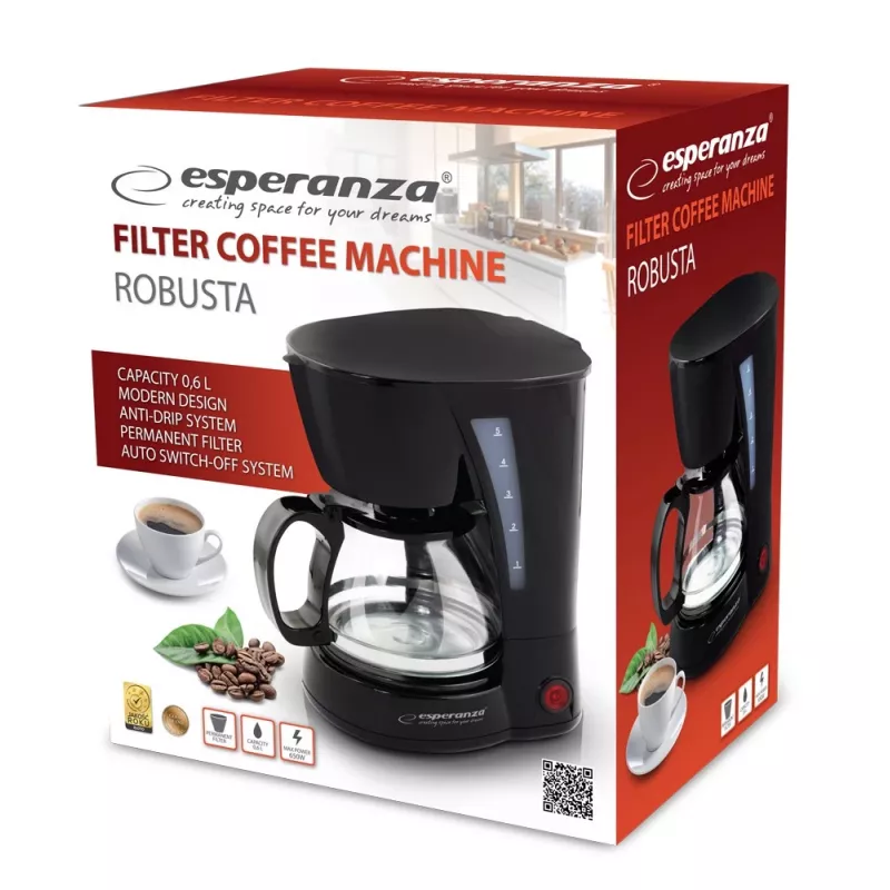 Pilienveida kafijas automāts ESPERANZA EKC006, 0,6 L ūdens tvertne, 650 W, melns, novietojams uz galda