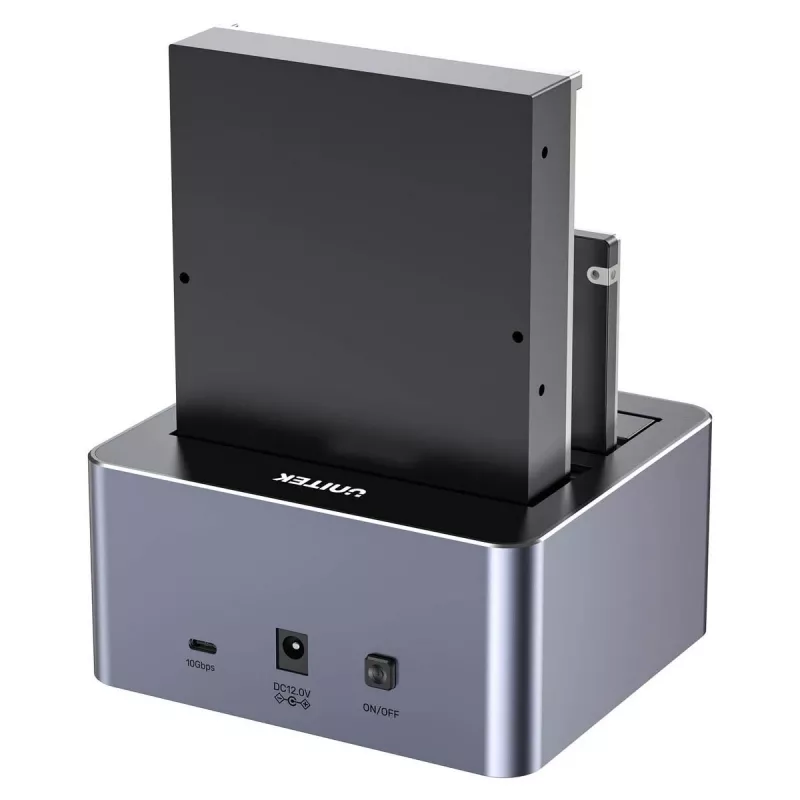 Doku stacija Unitek 51642 2,5 collu/3,5 collu SATA diskiem, USB-C 10 Gb/s, 2 nodalījumu, alumīnija