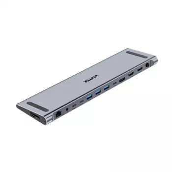 KVM slēdzis Unitek D1106AGY01 USB-C trīskāršs 4K dokstacija ar KVM, 3x USB-A, 5x USB-C, HDMI×2, DP×1, RJ-45, SD lasītājs, 3840×2160@60Hz, alumīnijs