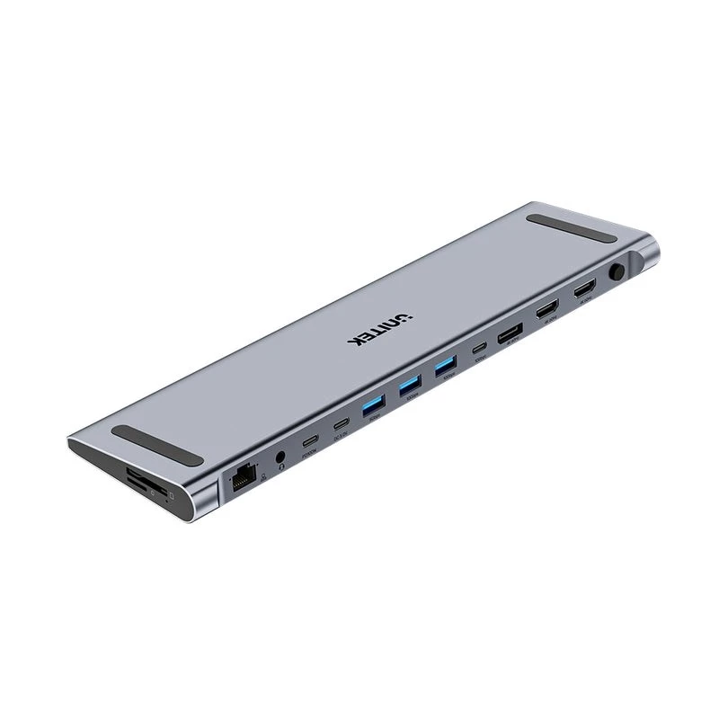 KVM slēdzis Unitek D1106AGY01 USB-C trīskāršs 4K dokstacija ar KVM, 3x USB-A, 5x USB-C, HDMI×2, DP×1, RJ-45, SD lasītājs, 3840×2160@60Hz, alumīnijs