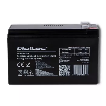 Nepārtrauktās strāvas padeves akumulators QOLTEC 53031 12V 9Ah zaļš, 152×94×65 mm, 2,35 kg