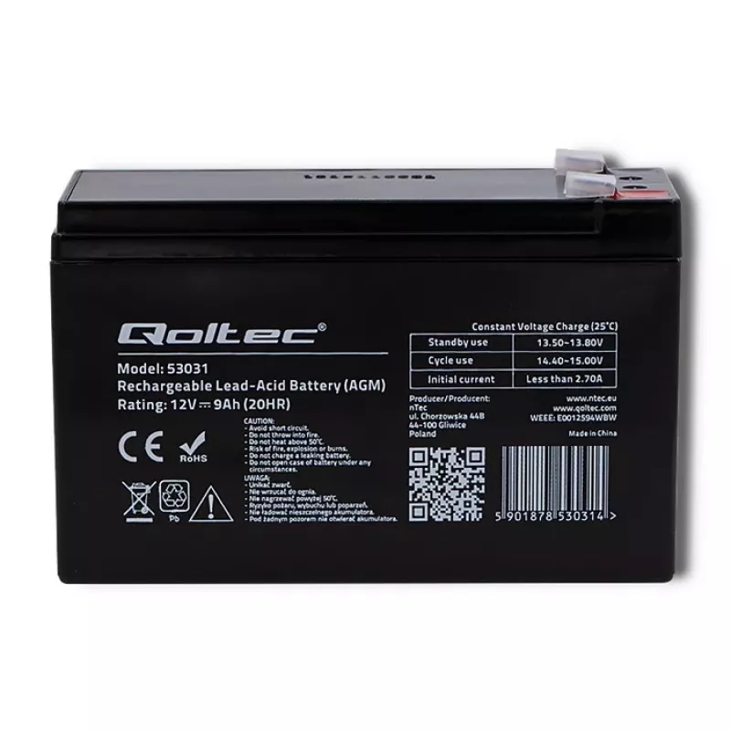 Nepārtrauktās strāvas padeves akumulators QOLTEC 53031 12V 9Ah zaļš, 152×94×65 mm, 2,35 kg