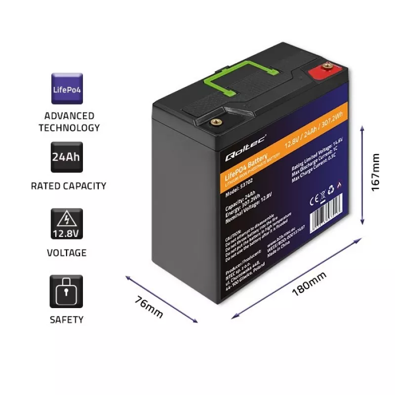 Qoltec 53702 LiFePO4 litija dzelzs fosfāta akumulators | 12.8V | 24Ah | 307.2Wh | BMS