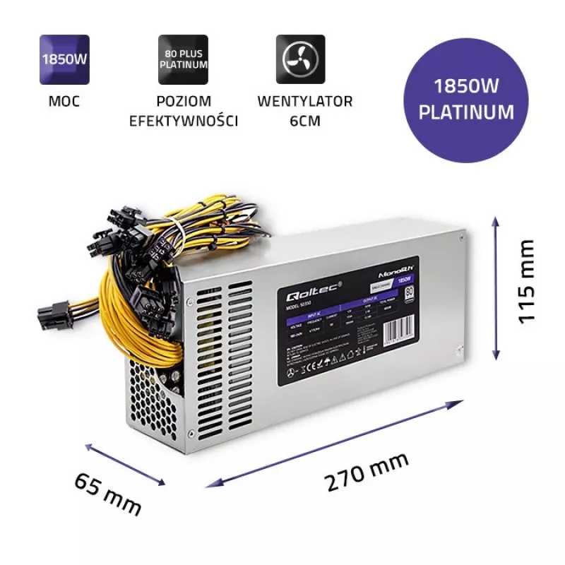 Qoltec 50350 barošanas bloks 1850W PCI-E | 80 Plus Platinum | Gaming Miner
