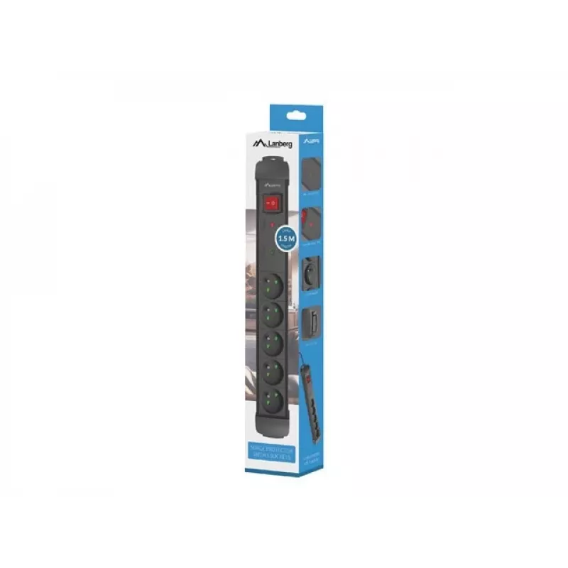Strāvas sadalītājs LANBERG SP1 1.5m — 5x PL ligzdas, melns
