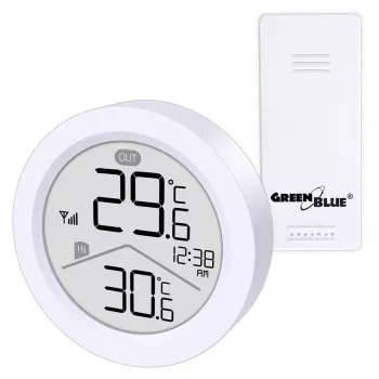GreenBlue bezvadu laikapstākļu stacija, IEKŠĀ/ĀRĀ temperatūra, pulkstenis, °C/°F izvēle, darbības rādiuss līdz 60 m, GB162