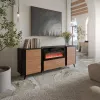 Kumode Cama Meble Volare 200 x 39 x 75 cm, melna/valrieksta krāsā, skaidu plātne, ietver kamīnu