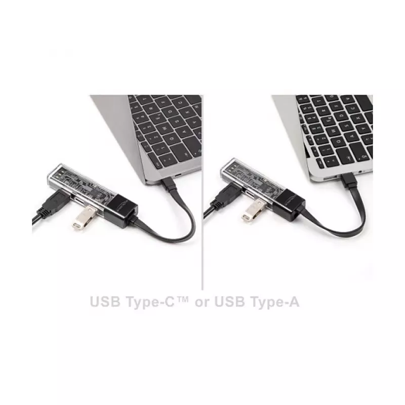 DELOCK USB 3.2 Gen 1 (3.1 Gen 1) 4-portu centrs ar Type-A + Type-C resursdatora pieslēgumu (5000 Mbit/s) melns/caurspīdīgs