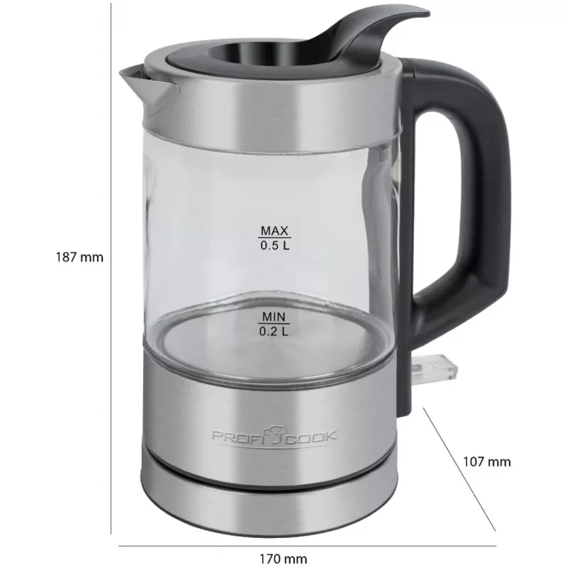 ProfiCook PC-WKS 1228 G elektriskā tējkanna 0,5 L 1100 W nerūsējošais tērauds, caurspīdīga