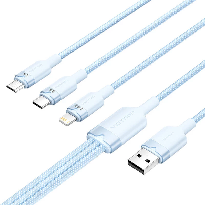 USB 2.0 A uz 3-in-1 3A kabelis Vention CTPLG 1,5 m zils – dati un uzlāde