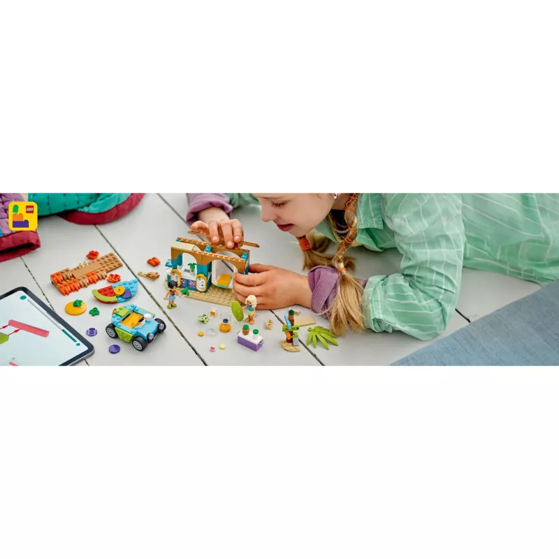 LEGO Friends pludmales smūtiju stends – bērnu rotaļu ēdiena komplekts, dāvanu ideja meitenēm un zēniem vecumā no 6 gadiem ar 2 mini lellēm, bruņurupuča figūriņu un a