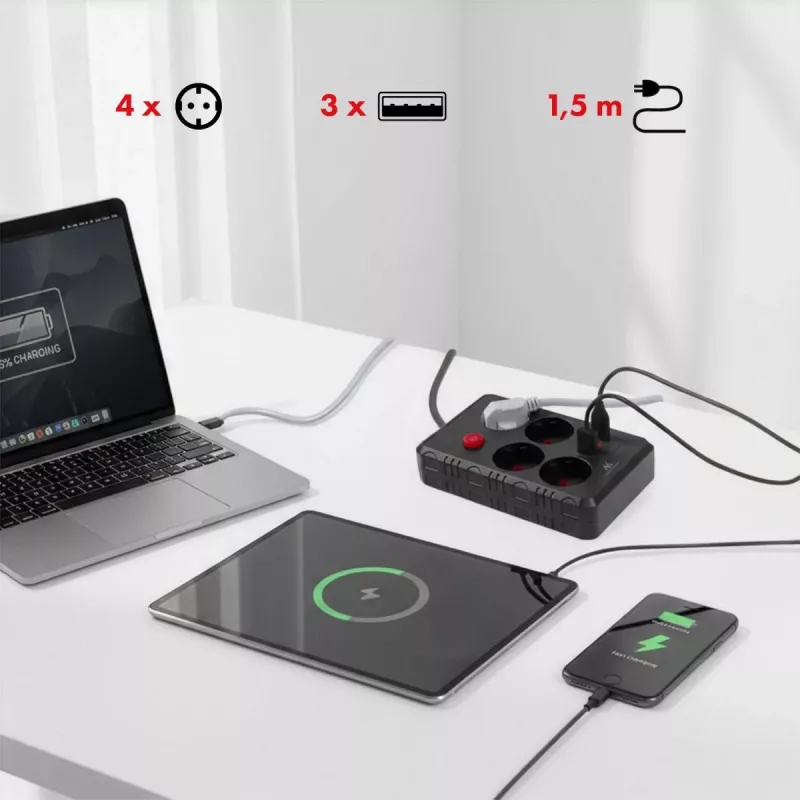 Strāvas sadalītājs MACLEAN MCE392 B — 4 kontaktligzdas, 3×USB, 110–240V, 2,1A, 2500W, 1,5 m kabelis, melns