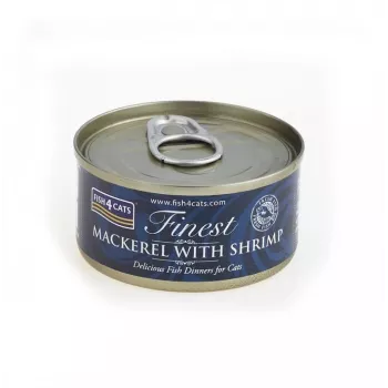 Mitrā kaķu barība FISH4DOGS Makrele ar garnelēm 70 g — pieaugušiem kaķiem, zivju garša, bundža, bez lipekļa