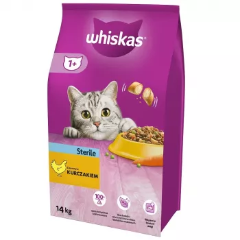 Sausā kaķu barība Whiskas Adult vistas garša 14 kg — sterilizētiem/kastrētiem kaķiem, pieaugušiem, visām šķirnēm