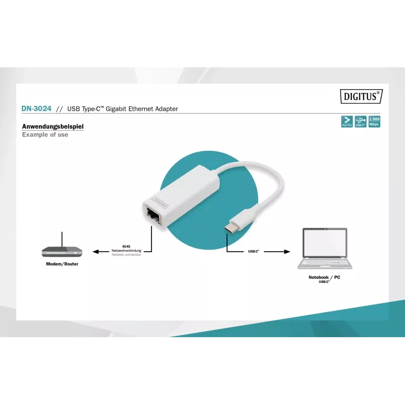 Digitus DN-3024 USB 3.0 adapteris 20 cm 1x USB-C uz 1x RJ45 ekranēts