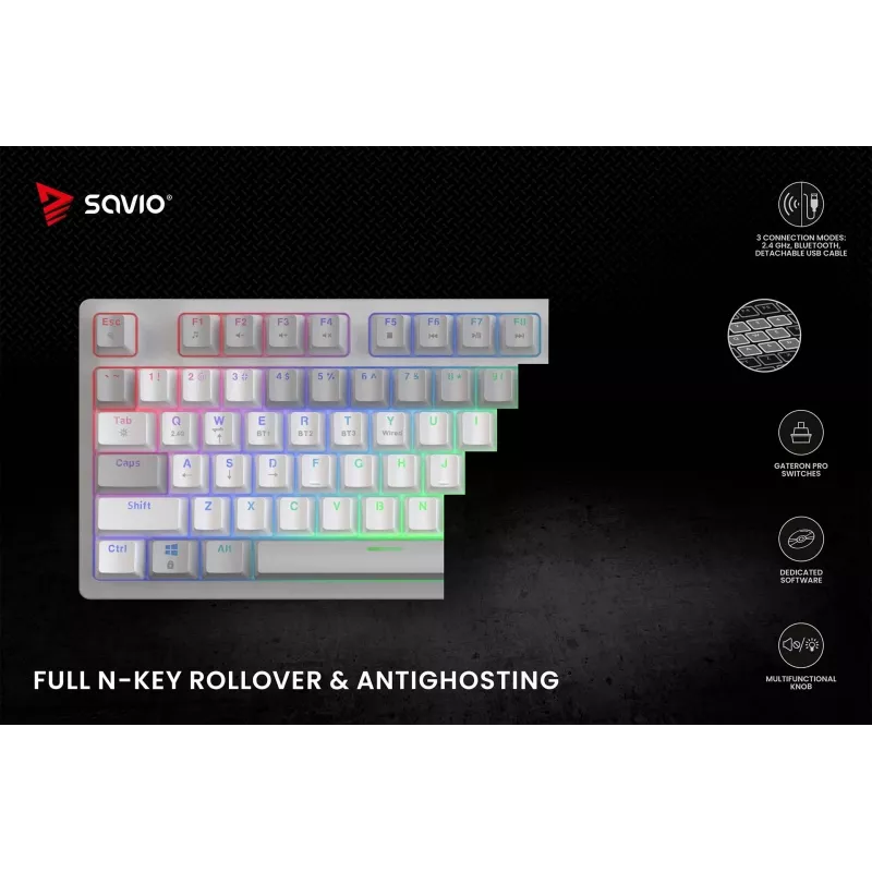 SAVIO PHENIX WHITE bezvadu mehāniskā tastatūra, Gateron Red Pro, ABS