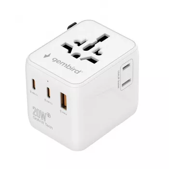 Ceļojumu strāvas adapteris GEMBIRD TPA-1A2C20-01-W — 20 W, USB-A (18 W) + 2× USB-C (20 W), E tipa spraudnis, balts