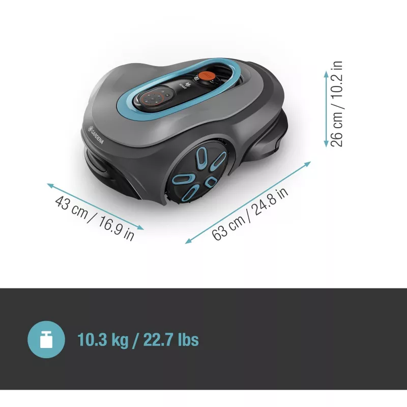 Robotizētais zāles pļāvējs GARDENA smart SILENO max — 800 m², 16 cm griešanas platums, akumulators, LONA navigācija, pelēks
