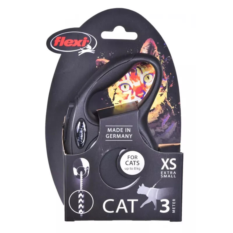 Izvelkamā siksna Flexi New Classic Cat XS 3 m — auklas pavada maziem mājdzīvniekiem, melna, maksimālā slodze 8 kg